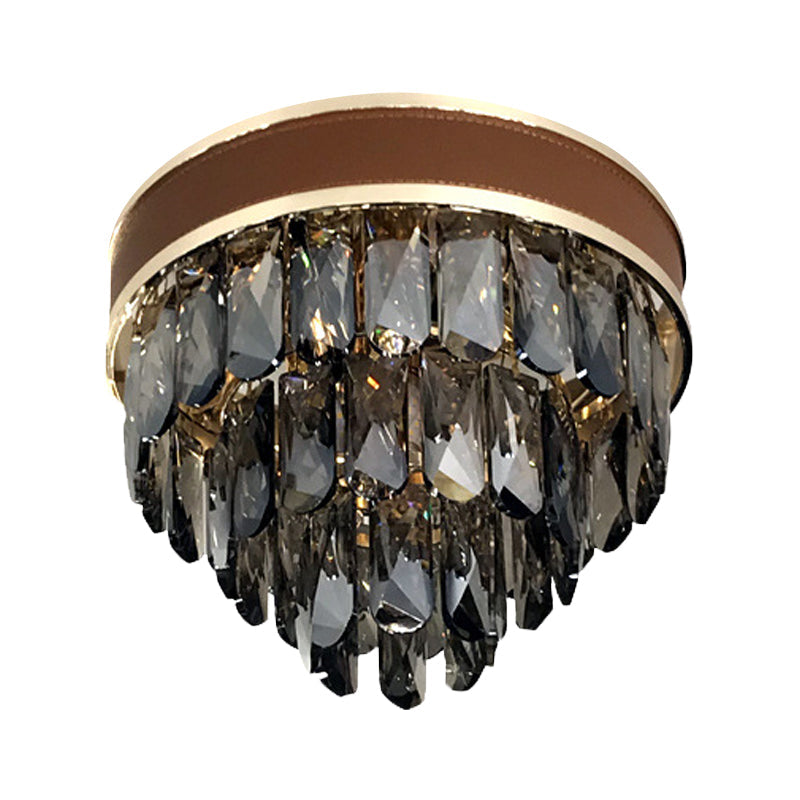 Smoke Gray Crystal Tiered Flush Mount Lamp - 6 Bulbs Modern Living Room Ceiling Light