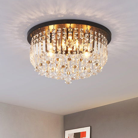 Contemporary Black Crystal Cascade Ceiling Light For Bedroom - 9-Light Flush Mounted Fixture