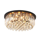 Contemporary Black Crystal Cascade Ceiling Light For Bedroom - 9-Light Flush Mounted Fixture