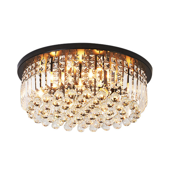 Contemporary Black Crystal Cascade Ceiling Light For Bedroom - 9-Light Flush Mounted Fixture