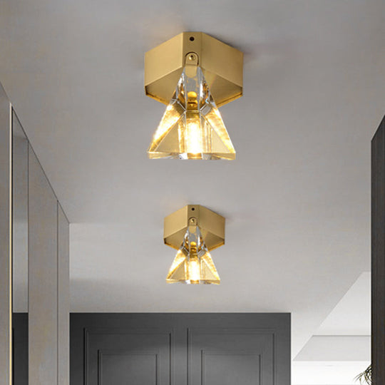 Faceted Crystal Flush Mount Ceiling Light Fixture - Minimalist Led Brass Finish Lighting