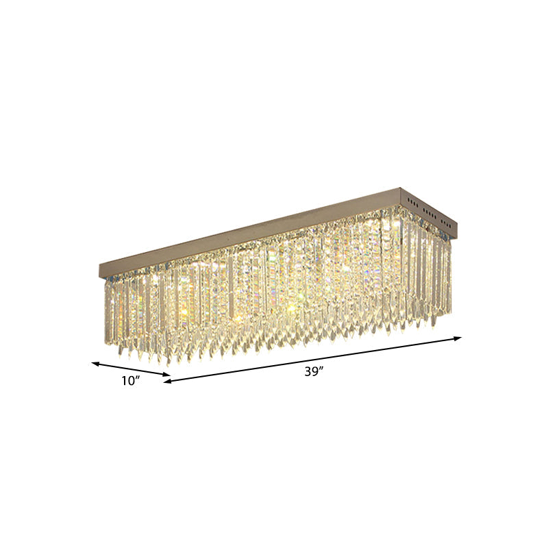 Minimal Style Clear Crystal Rectangle Flush Light With 10 Heads - Nickel Ceiling Mounted Fixture