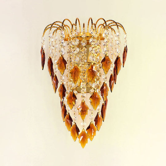 Contemporary 2-Light Brass Finish Wall Lamp With Tan/Blue Crystal Shade