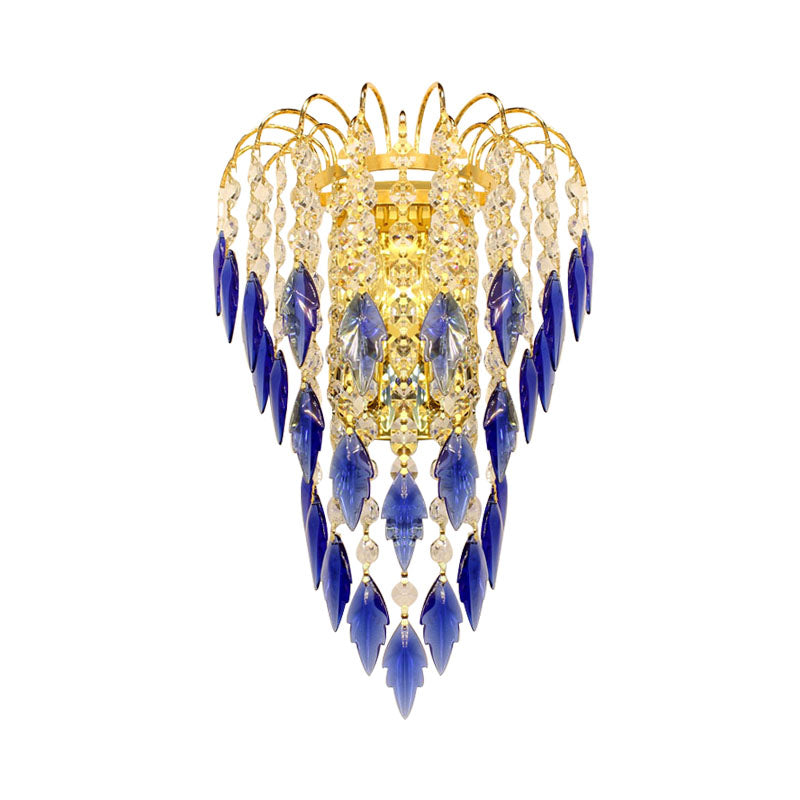 Contemporary 2-Light Brass Finish Wall Lamp With Tan/Blue Crystal Shade