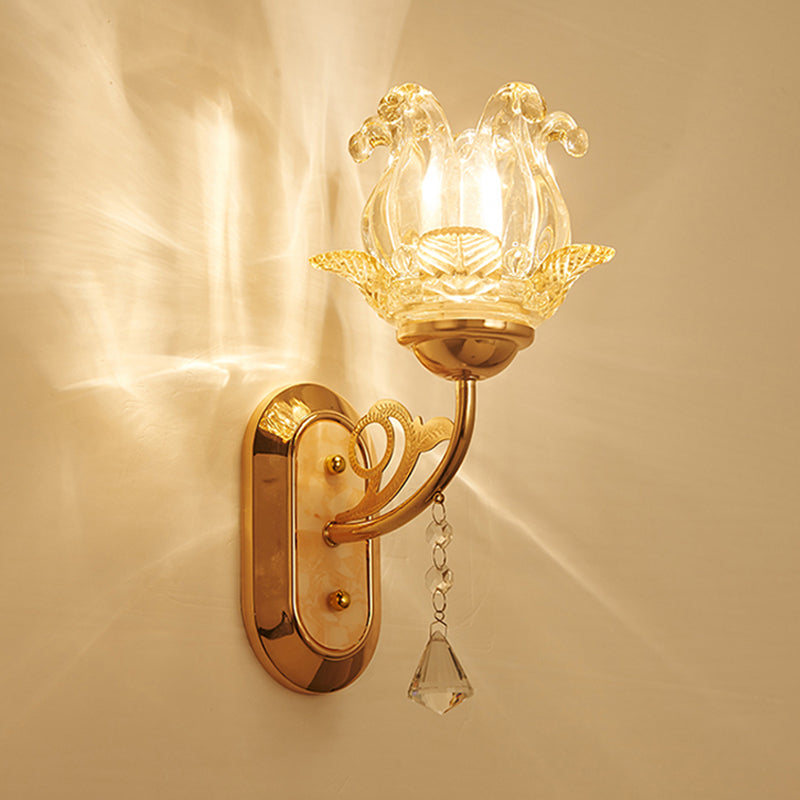Gold Crystal Wall Lamp With Curved Arm - Simplicity Blossom 1/2-Light Fixture