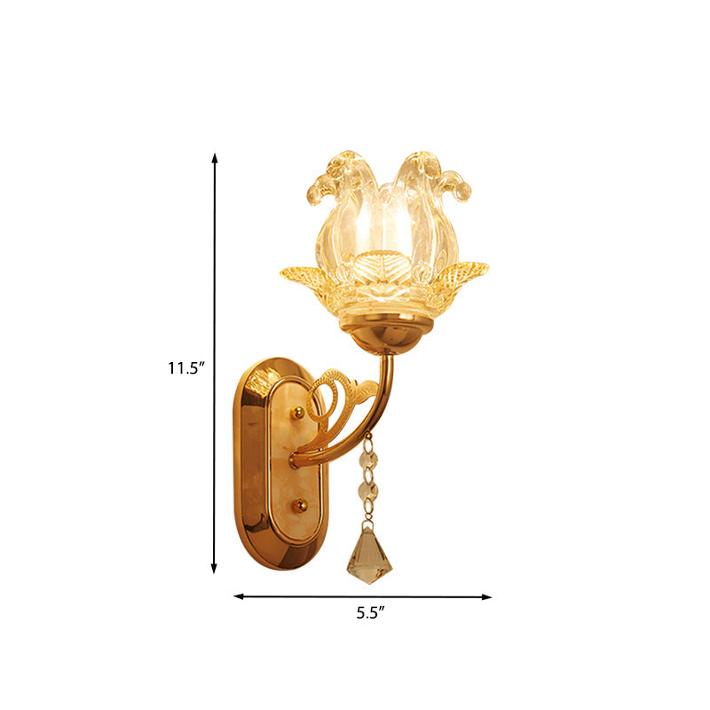 Gold Crystal Wall Lamp With Curved Arm - Simplicity Blossom 1/2-Light Fixture