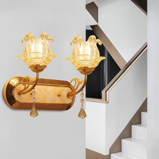 Gold Crystal Wall Lamp With Curved Arm - Simplicity Blossom 1/2-Light Fixture 2 /