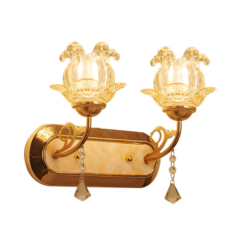Gold Crystal Wall Lamp With Curved Arm - Simplicity Blossom 1/2-Light Fixture