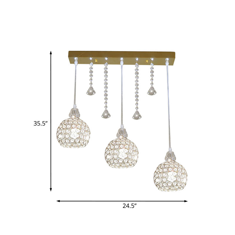 Crystal Globe Corridor Pendant Light - Contemporary Style Ceiling Lamp (Gold 3 Lights)