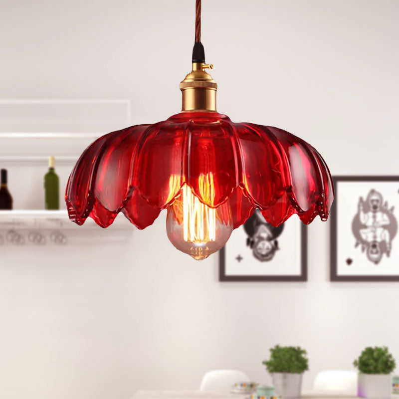 Industrial Scalloped Pendant Lamp - 1 Light Red Glass Hanging Ceiling For Living Room