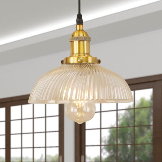 1-Light Ribbed Glass Dome Pendant Ceiling Light For Industrial & Rustic Settings.