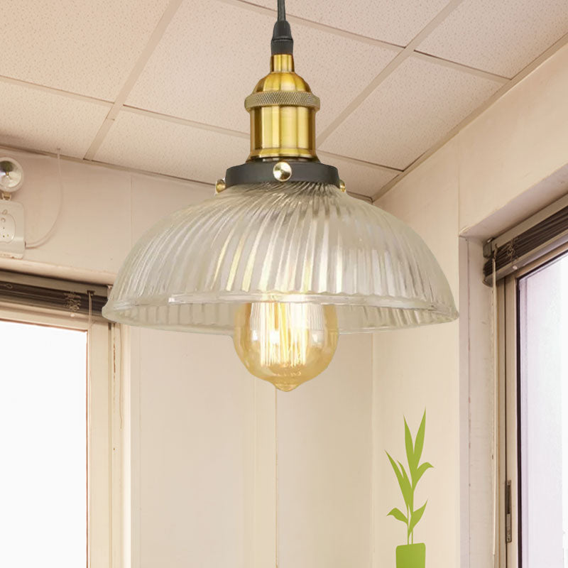 1-Light Ribbed Glass Dome Pendant Ceiling Light For Industrial & Rustic Settings.