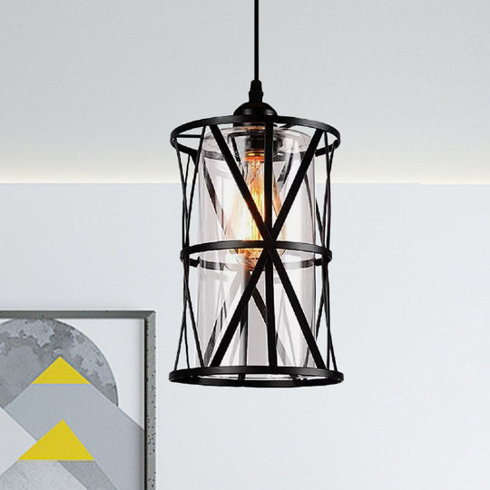 Antique Black Cylinder Pendant Light With Clear Glass/Fabric Shade - Elegant Living Room Ceiling