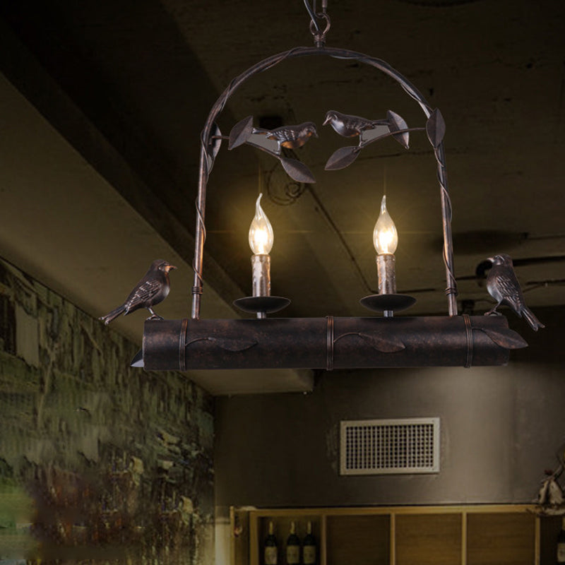 Lodge Birdcage Chandelier Lamp With Flameless Candle - Wrought Iron Pendant Lighting In Dark Rust