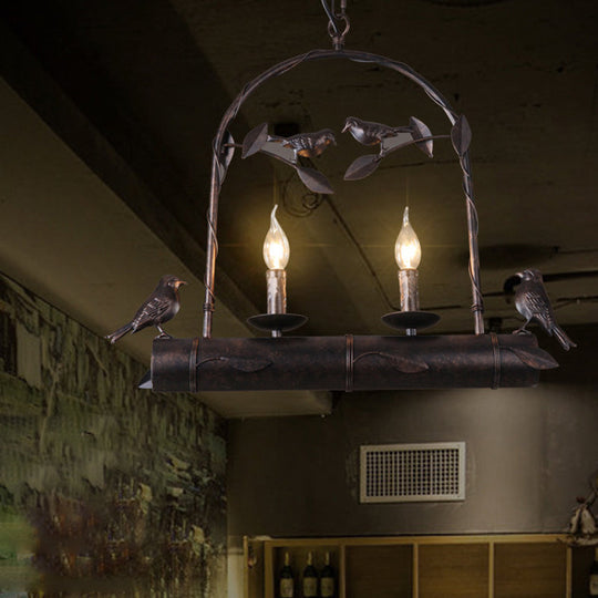 Lodge Birdcage Chandelier Lamp With Flameless Candle - Wrought Iron Pendant Lighting In Dark Rust
