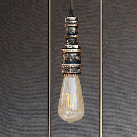 Rustic Black/Silver Wrought Iron Bare Bulb Hanging Light Fixture With Pipe - Bathroom Ceiling