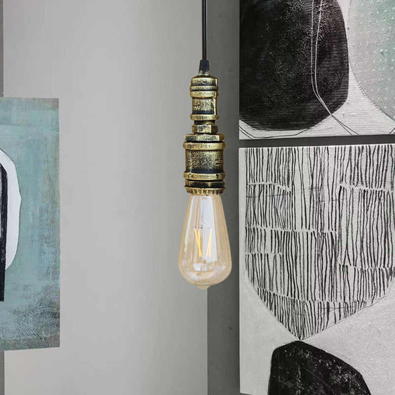 Rustic Black/Silver Wrought Iron Bare Bulb Hanging Light Fixture With Pipe - Bathroom Ceiling