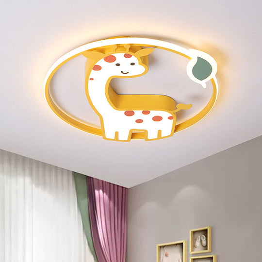 Giraffe Led Nursery Flush Mount Lamp - Cartoon Acrylic Ceiling Light In Yellow