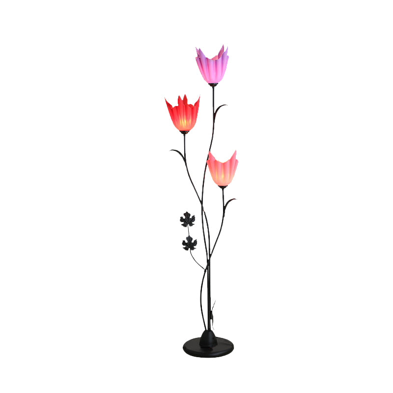 Sleek Black Floral Stand Up Lamp: Elegant 3-Bulb Metal Floor Light For Bedrooms