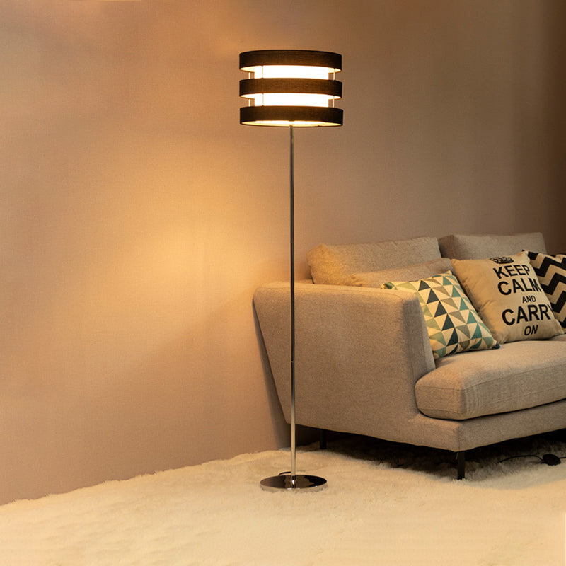 Modern Drum Cage Metal Floor Light - Black Finish 1-Light Reading Lamp With Fabric Shade