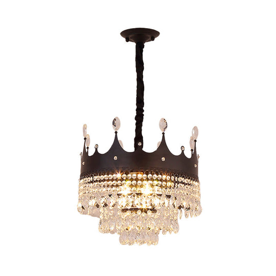 Contemporary 4-Bulb Black Pendant Chandelier With Crystal Droplet - Crown Shape Metal Suspension