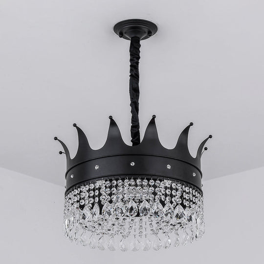 Contemporary 4-Bulb Black Pendant Chandelier With Crystal Droplet - Crown Shape Metal Suspension