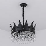 Modern Crown-Shaped Black Pendant Chandelier With Crystal Droplets - 4-Bulb Metal Suspension