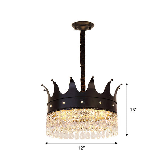 Contemporary 4-Bulb Black Pendant Chandelier With Crystal Droplet - Crown Shape Metal Suspension