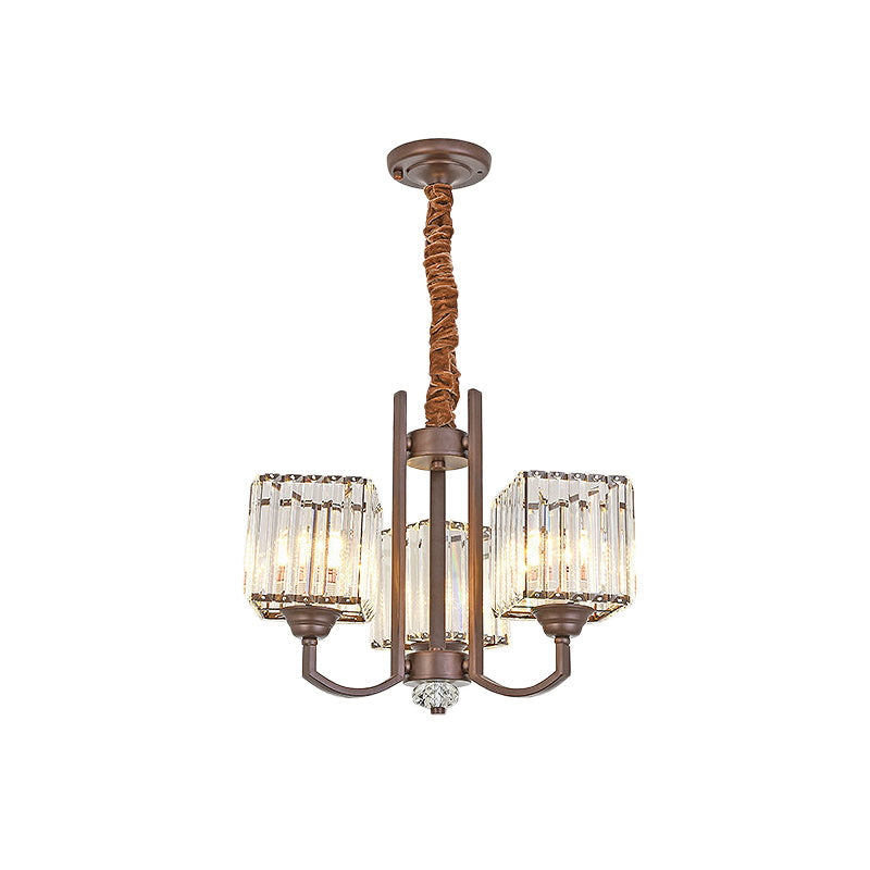 Cuboid Crystal Block Chandelier - Modernist Pendant Lamp With 3/6 Lights For Dining Room In Coffee