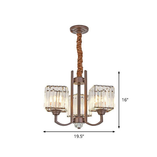 Cuboid Crystal Block Chandelier - Modernist Pendant Lamp With 3/6 Lights For Dining Room In Coffee