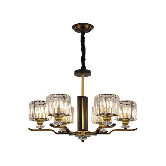 Modern Hanging Crystal Block Chandelier With Black & Gold Accents - 3/6 Heads Pendant Light
