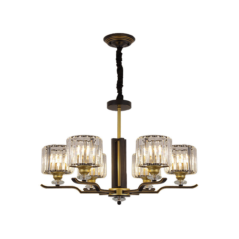 Modern Crystal Block Cylinder Pendant Chandelier - Black & Gold 3/6 Heads