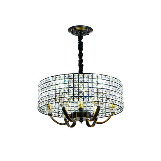 Minimalist Crystal Drum Chandelier Pendant Light Elegant 6-Light Dining Room Hanging Lamp Black