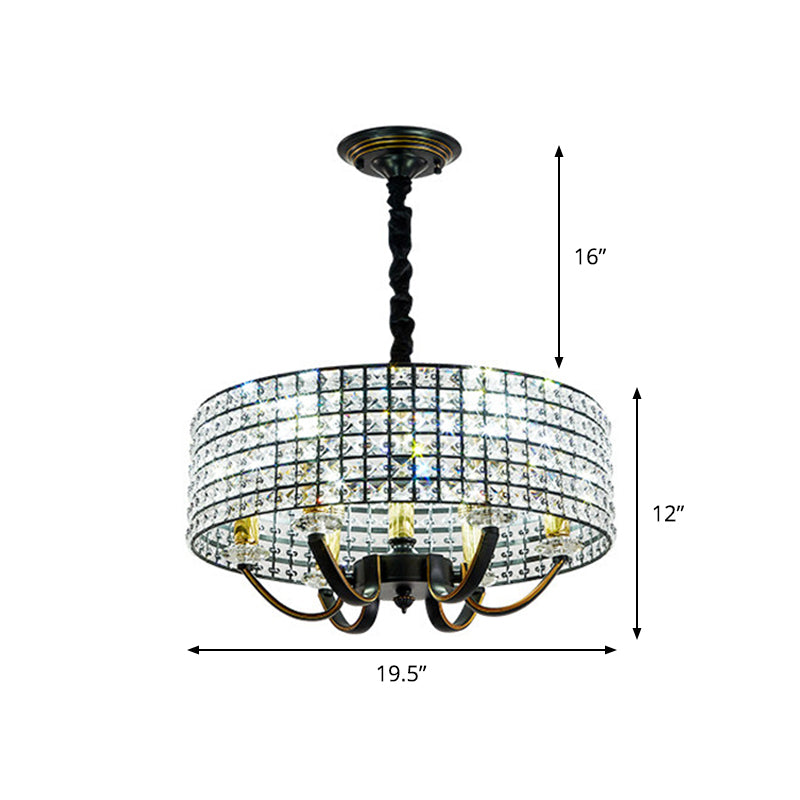 Minimalist Black Drum Chandelier Pendant Light With Crystal Embellishments - 6-Light Dining Room