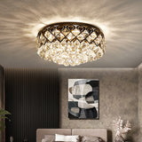 Modern Black Drum Flush Mount Lighting With 7 Crystal Balls - Bedroom Flushmount Lamp