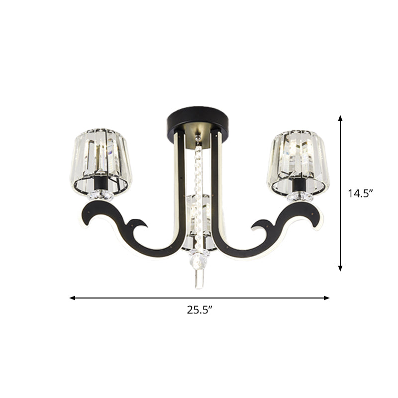Modern Black Led Semi - Flush Ceiling Light With Crystal Block Shade - 3 - Light Bedroom Lamp