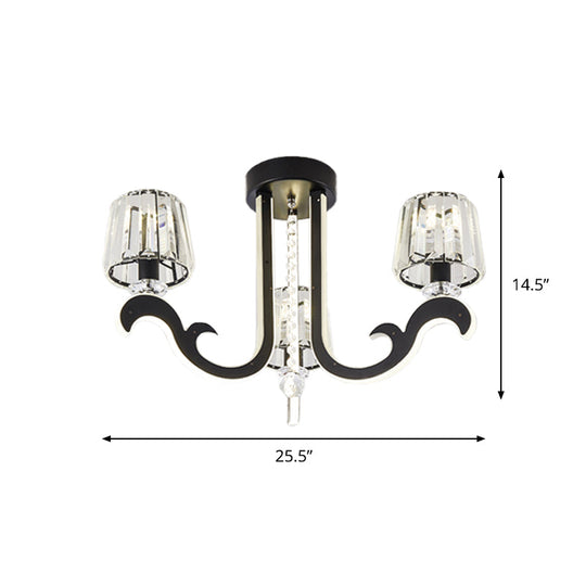 Modern Black Led Semi - Flush Ceiling Light With Crystal Block Shade - 3 - Light Bedroom Lamp