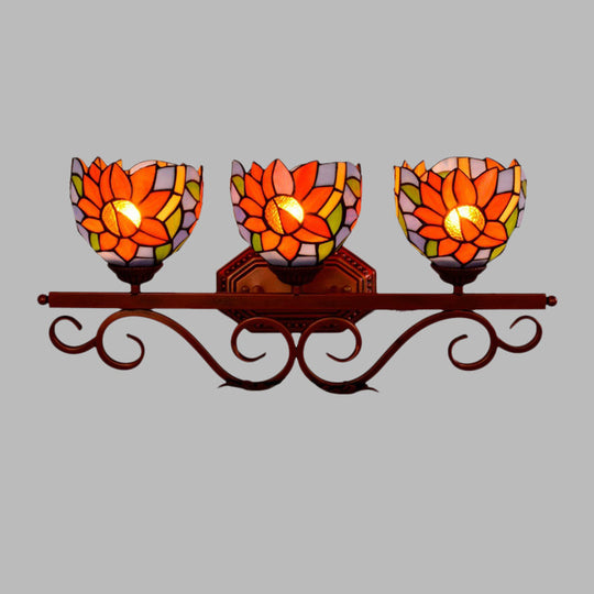 Bronze Swirling Arm Tiffany Dome Sunflower Stained Glass Sconce - 3-Light Wall Lighting Fixture