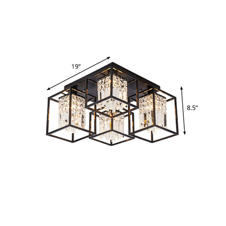 Black Flush Mount Ceiling Lamp With Frame - Modernist Cuboid Shade Semi Lighting (4 Lights)