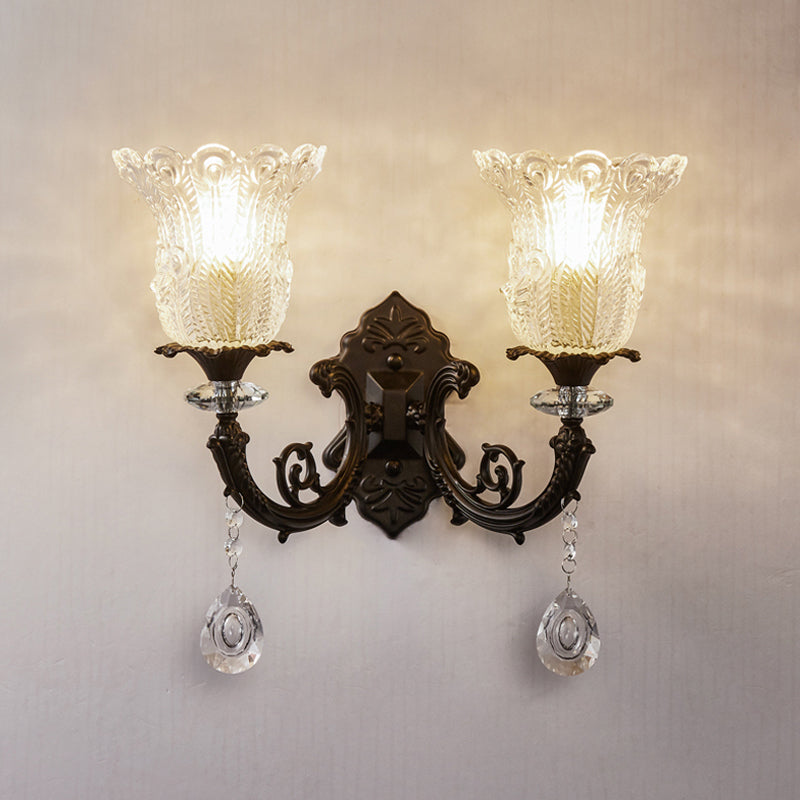 Black Flower Wall Lamp With Clear Crystal Glass Shade & Minimalist Design