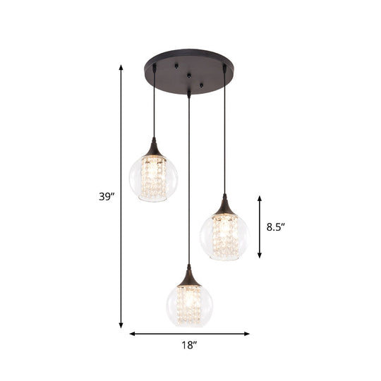 Stylish Globe Multi Ceiling Light With Clear Glass 3 Bulbs Black Finish - Modern Dining Room