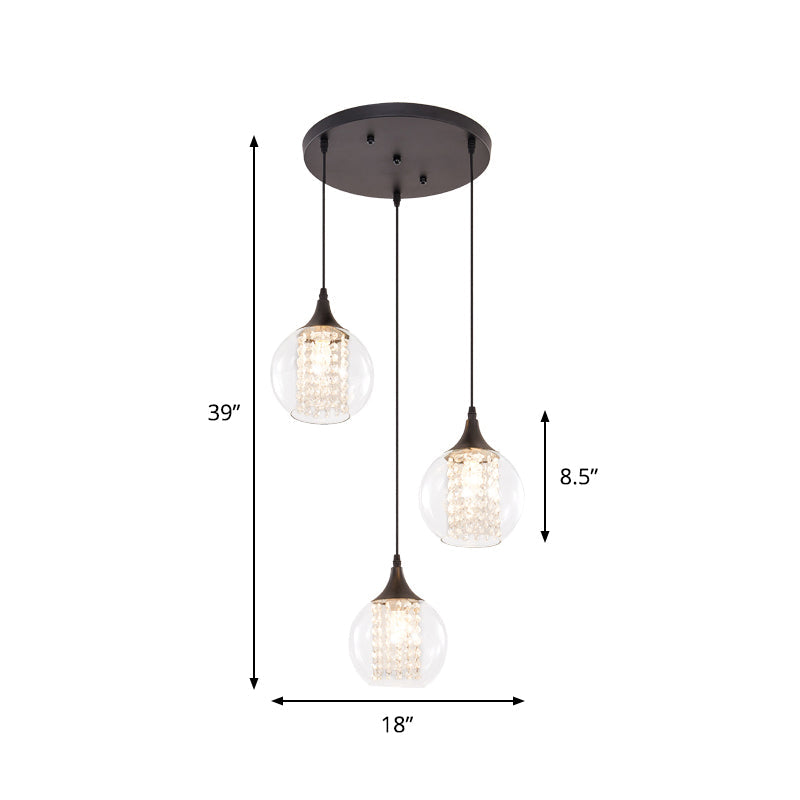 Modern Clear Glass Globe Multilight Ceiling Pendant With 3 Bulbs In Black For Dining Room