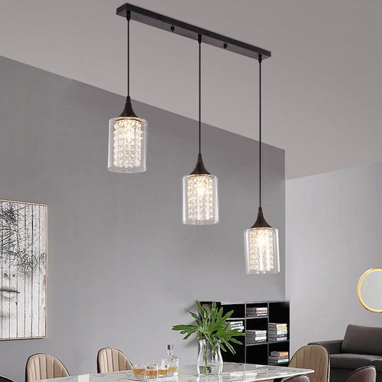Minimalist Black Cylinder Pendant Light With 3 Clear Glass Shades And Linear/Round Canopy