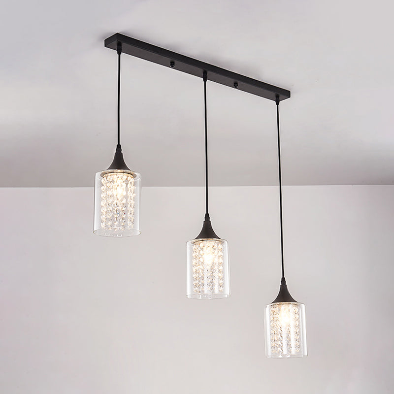 Minimalist Black Cylinder Pendant Light With 3 Clear Glass Shades And Linear/Round Canopy