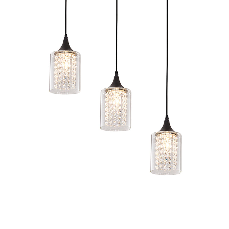 Minimalist Black Cylinder Pendant Light With 3 Clear Glass Shades And Linear/Round Canopy
