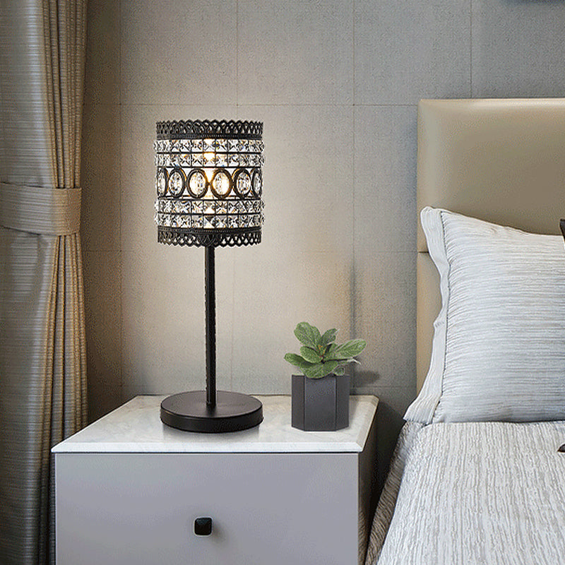 Biham - Modern Cylinder Night Table Light Metallic 1-Head Bedside Nightstand Lamp With Crystal