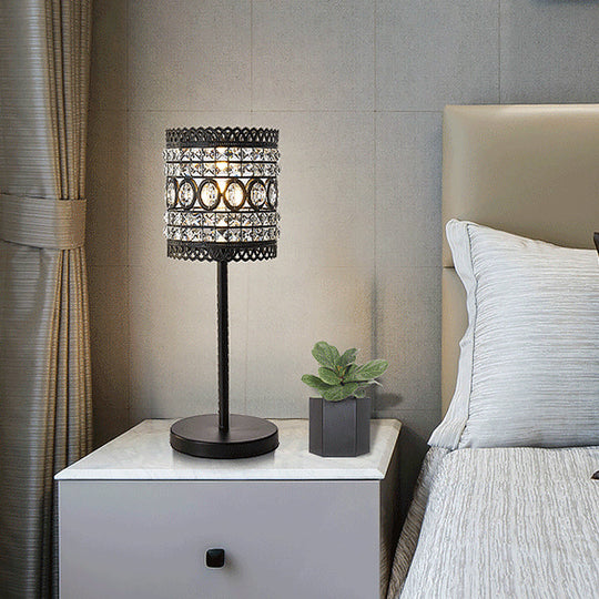 Biham - Modern Cylinder Night Table Light Metallic 1-Head Bedside Nightstand Lamp With Crystal