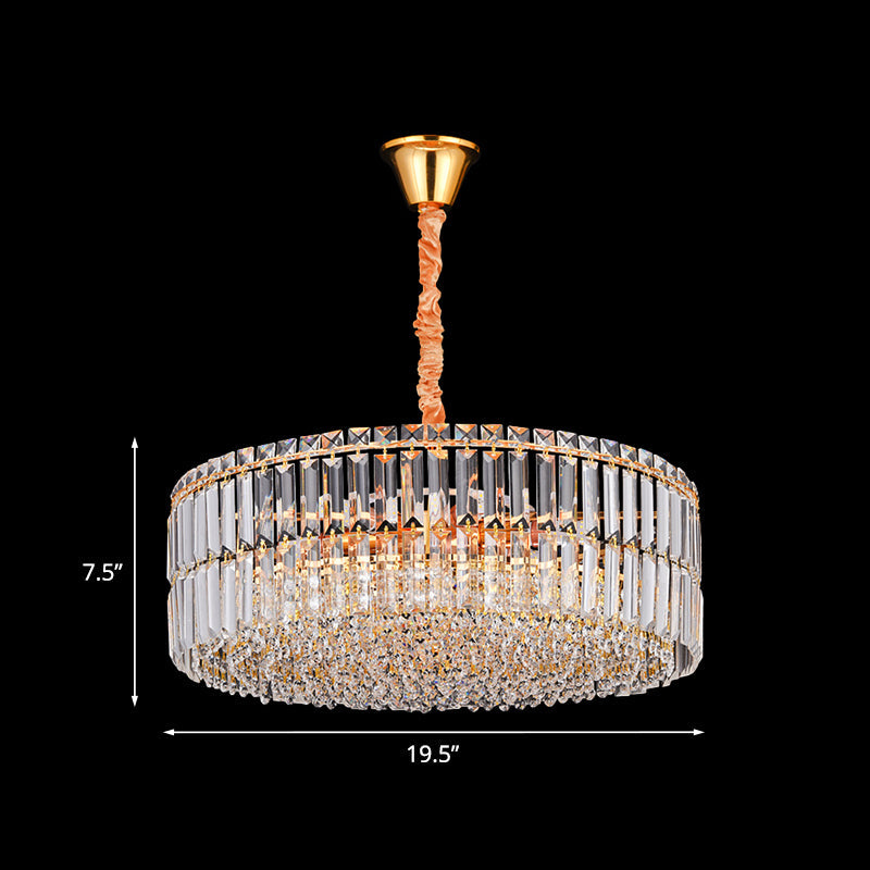 Minimalist Drum Shaped Crystal Chandelier Pendant With Layered Clear Crystals & 6 Bulbs