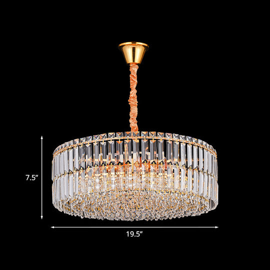 Minimalist Drum Shaped Crystal Chandelier Pendant With Layered Clear Crystals & 6 Bulbs