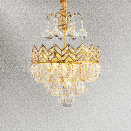 Gold Crystal Ceiling Mount Light - Conical Semi Flush With Crown Design 3 Bulbs